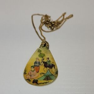 Antique Persian Hand Painted Mother Of Pearl  Pendant Necklace